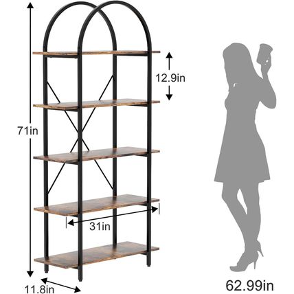 Arched Bookshelf 5 Tier Book Shelf, 31.5 Inch Width Industrial Arch Bookcase, Cu