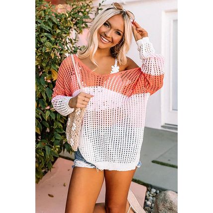 Multicolor Color Block Eyelet Long Sleeve Twisted Back Knit Top