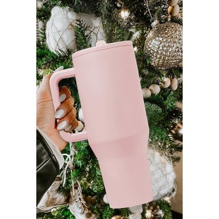 Light Pink Frosted Stainless Handle Large Vacuum Cup with Straw 40oz