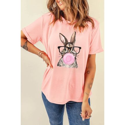 Pink Easter Rabbit Print Round Neck Casual Tee
