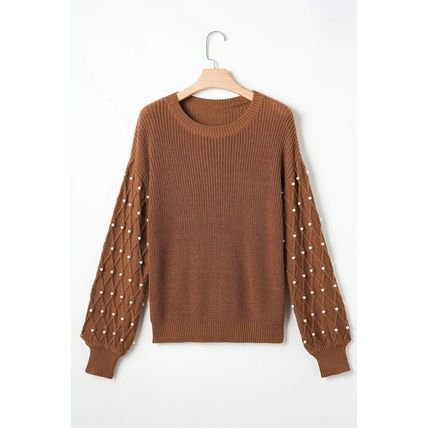 Chestnut Beaded Drop Shoulder Round Neck Sweater