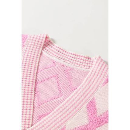 Pink Rhombus Pattern Knit Open Front Pocketed Cardigans