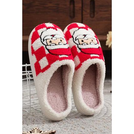 Fiery Red Checkered Santa Claus Graphic Plush Home Slippers