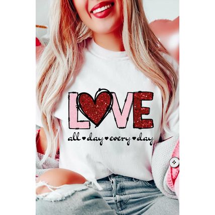 White Valentine LOVE Heart Shape Crew Neck Graphic Tee