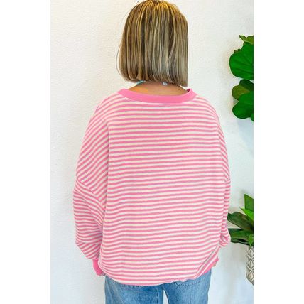 Pink Stripe Loose Drop Shoulder Long Sleeve Top