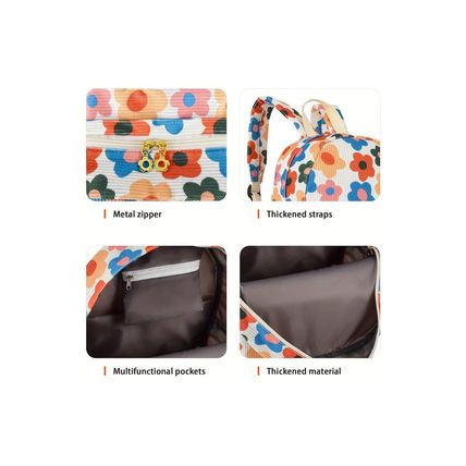 Khaki Flower Print Corduroy Backpack with Matching Pouch