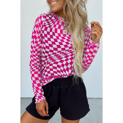 Rose Checkered Pattern Mesh Mock Neck Long Sleeve Top