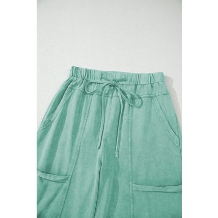 Mint Green Mineral Wash Exposed Seam Drawstring High Waist Wide Leg Cargo Pants