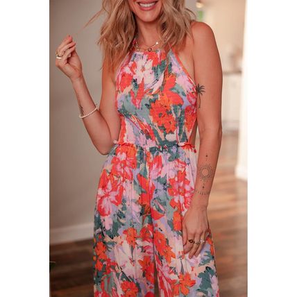 Multicolour Floral Print Smocked Halter Neck Sleeveless Wide Leg Jumpsuit