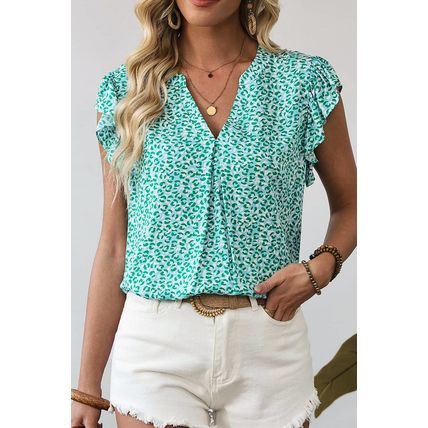 Green Notched V Neck Leopard Ruffle Short Sleeve Blouse