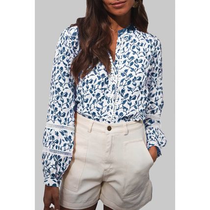 Blue Printed Lace Detail Floral Puff Sleeve Fall Shirt