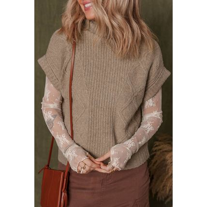 Smoke Gray Textured Knit High Neck Sweater T Shirt