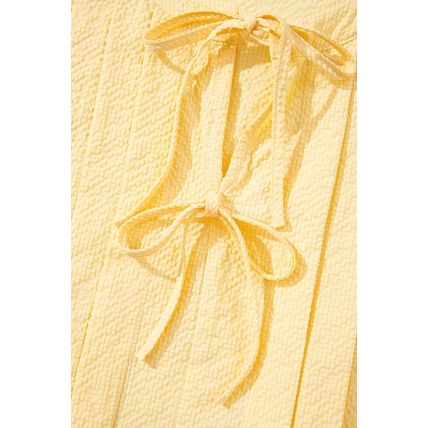 Yellow Cream Bow Tie Notched Neck Pleated Tank Top