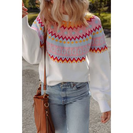White Ethnic Geometric Colorblock Print Drop Shoulder Sweater