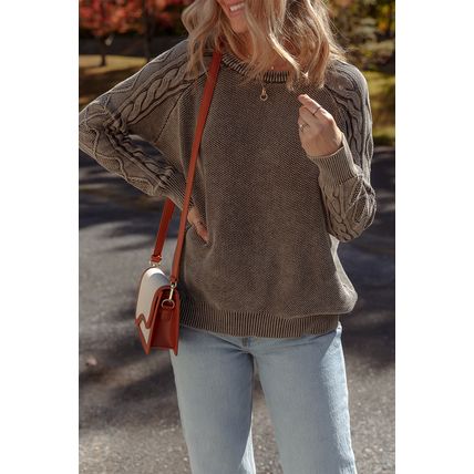 Dark Brown Contrast Cable Knit Sleeve Casual Sweater