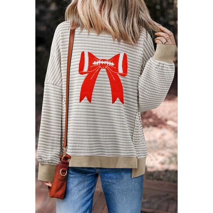 Brown Stripe Chenille Bow Patched Drop Shoulder Long Sleeve Top