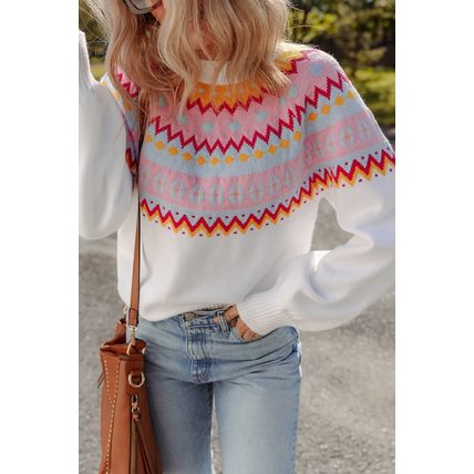 White Ethnic Geometric Colorblock Print Drop Shoulder Sweater