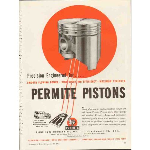 aluminum industries inc 1953 precision permite pistons vintage ad