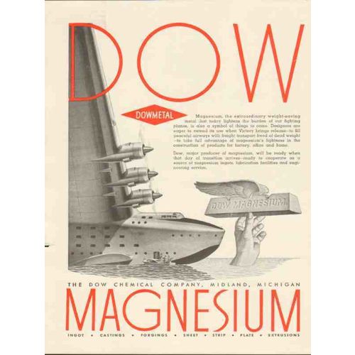 DOW CHEMICAL COMPANY 1943 weight saving metal magnesium WW2 vintage ad