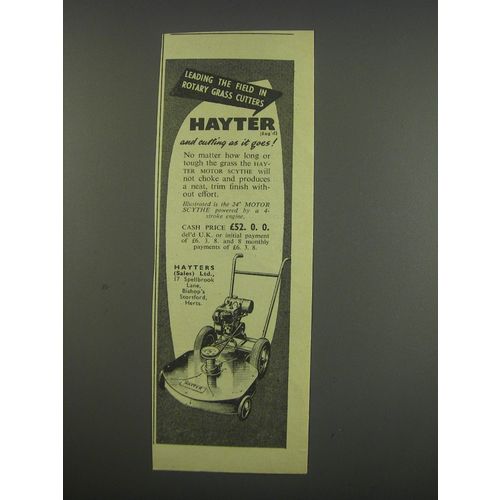 1957 Hayter 24" Motor Scythe Lawn Mower Ad - Leading the field in rotary grass