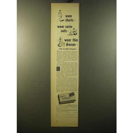 1950 Tampax Tampons Ad - Wear shorts - wear swim suits - wear thin dresses