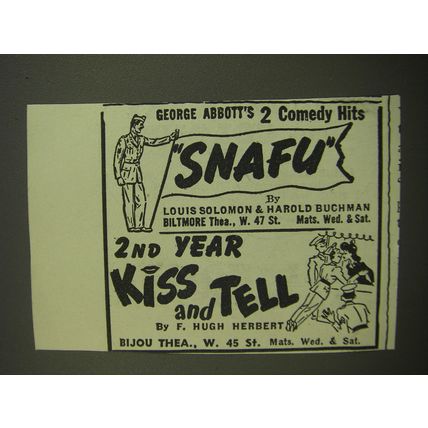 1944 Snafu and Kiss and Tell Plays Advertisement - George Abbott's 2 Comedy Hits