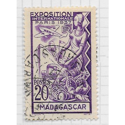 MADAGASCAR 1937 PARIS INTERNATIONAL EXPOSITION 20c USED SHIP CAR PLANE FRUITS