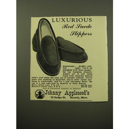1959 Johnny Appleseed's Fashion Ad - Luxurious Red Suede Slippers