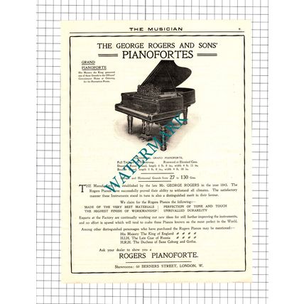 George Rogers and Sons Pianofortes London Advert - c.1905 Cutting / Print