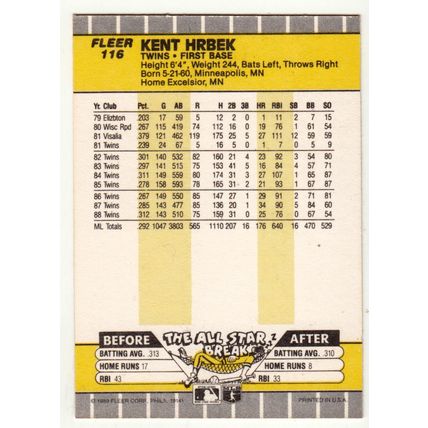 1989 Fleer Kent Hrbek rookie baseball card #116 - RC