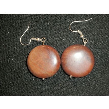 One off elegant rich red brown disc agate drop earrings