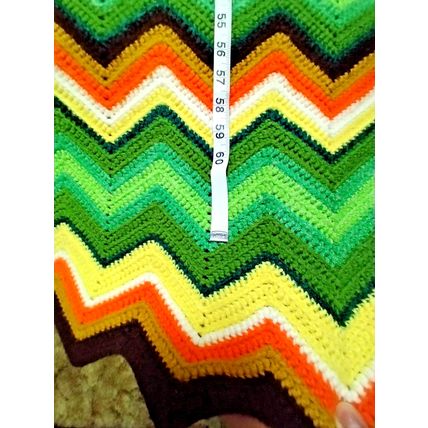 Crochet Handmade Dona Warner Chevron Afghan 55"x68" Green Yellow Brown White Tan
