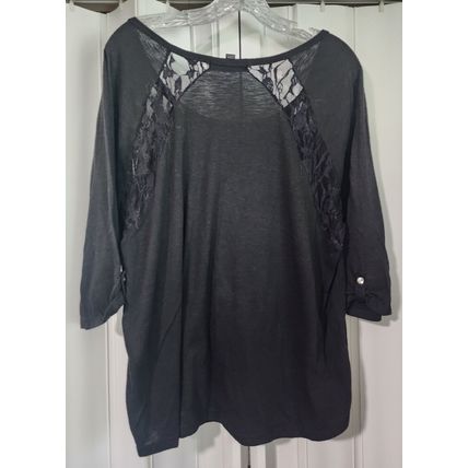 Lena Women's Poly Rayon Spandex Black Lace 3/4 Sleeve Sparkle Stone Top Sz 18/20