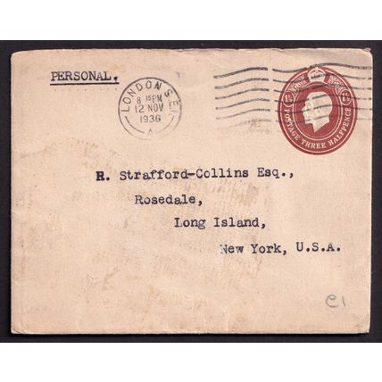 Great Britain KGV 1936 1 1/2d Brown Cover Postal Stationery Used London New York