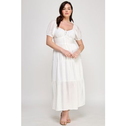 Front Tie Puff Sleeve Tired Maxi Dress