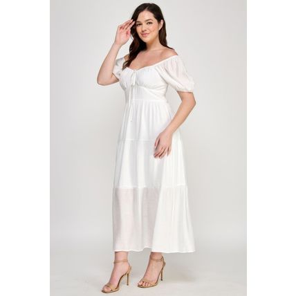 Front Tie Puff Sleeve Tired Maxi Dress