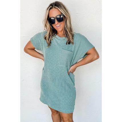 Blue Striped Ribbed Knit T-shirt Shift Dress