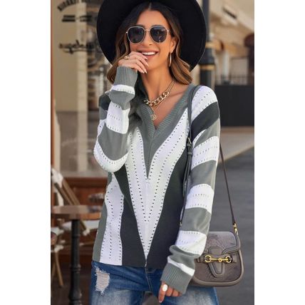 Gray Striped Colorblock V Neck Knitted Sweater
