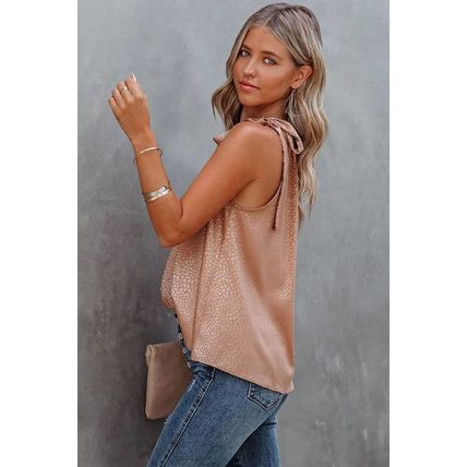 Pink Sleeveless Tie Mock Neck Leopard Tank Top