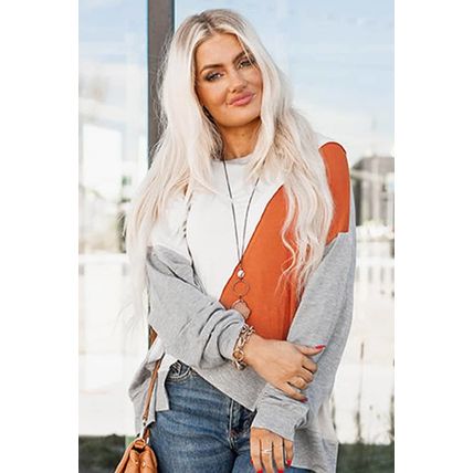 Khaki Colorblock Stitching Irregular Hem Long Sleeve Top