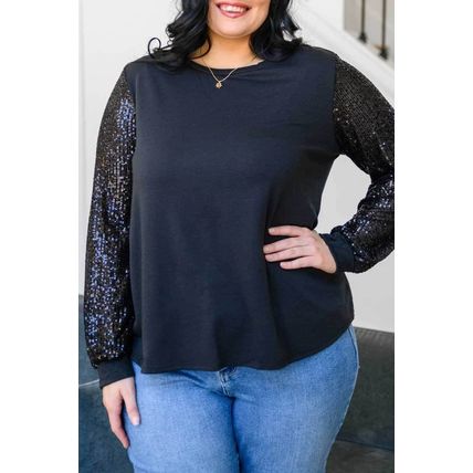 Black Sequin Contrast Long Sleeve Plus Size Top