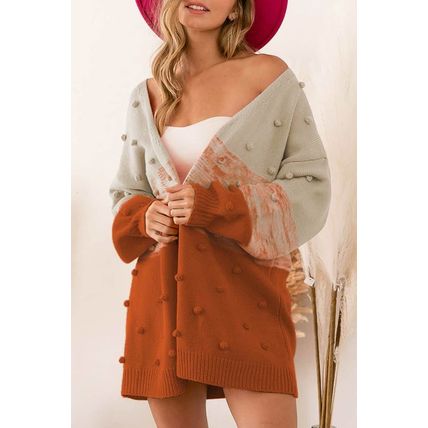Brown Pompom Color Block Open Front Cardigan