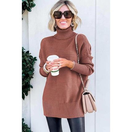 Mineral Red Turtleneck Ribbed Knit Tunic Sweater