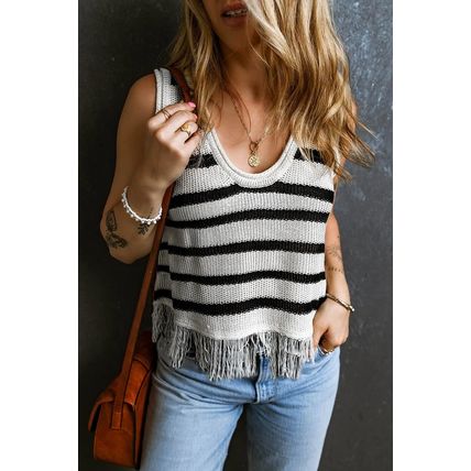 Beige Stripe Loose Knit Fringe Tank Top
