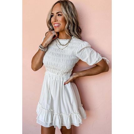 White Tie Short Sleeves Smocked Ruffle Mini Dress