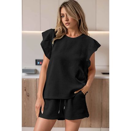 Black Textured Ruffled Sleeve Tee and Drawstring Shorts Set