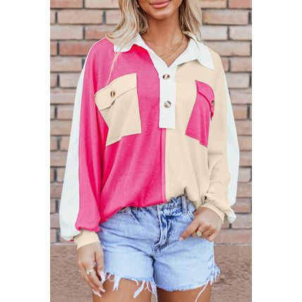 Rose Red Colorblock Ribbed Collared Oversized Sweatshirt
