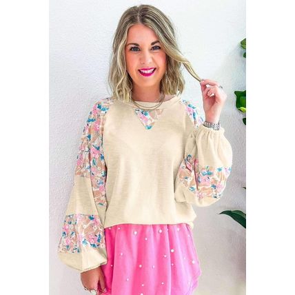 Apricot Textured Floral Patchwork Balloon Sleeve Blouse