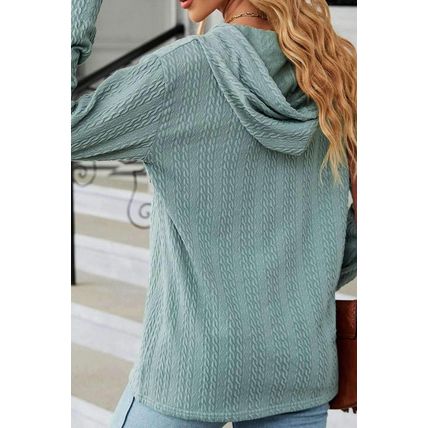 Mint Green Button Front Textured Drawstring Hooded Long Sleeve Top