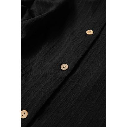 Black Solid Color Textured Buttoned Turn Down Collar Shirt